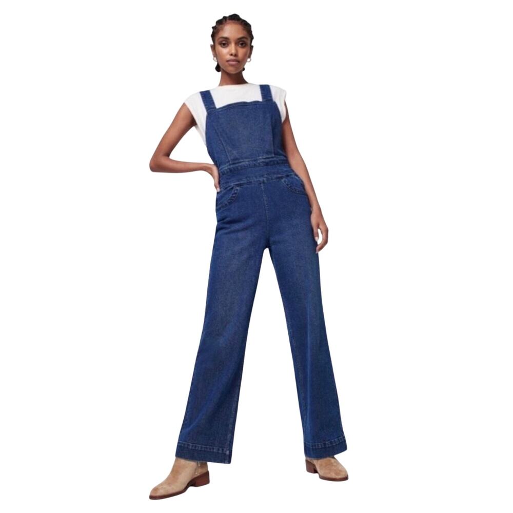 Faherty Avenue Denim Wide Leg Overalls Jumpsuit Dark Indigo Wash Medium